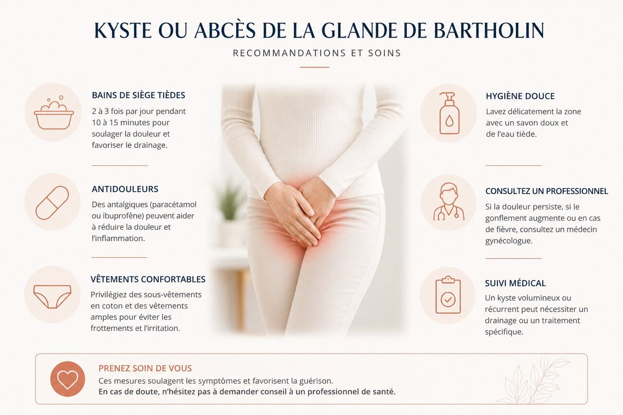 Infographie : recommandations et soins après chirurgie de la glande de Bartholin — bains de siège, antalgiques, hygiène
