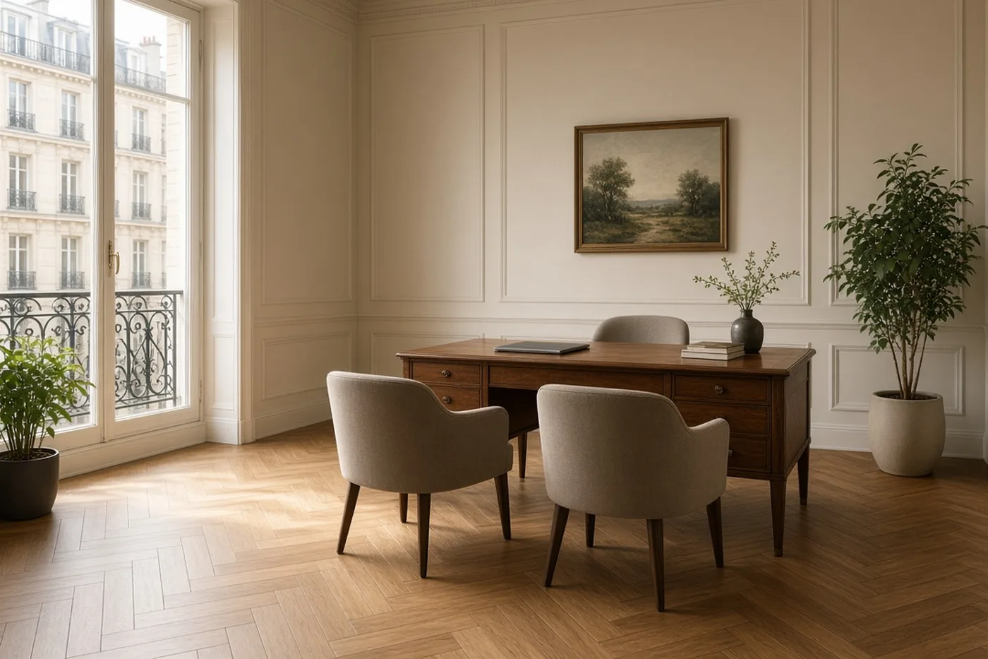 An empty consultation office in a Haussmann building: desk, two chairs, balconied window.