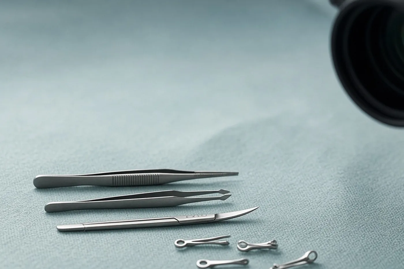 Fine microsurgery instruments on a sterile drape, beside the microscope lens used to join the small vessels of a flap.