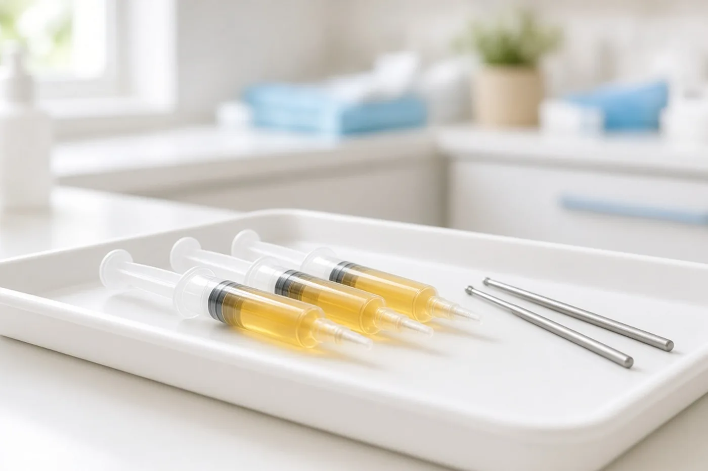 Syringes of purified fat and fine cannulas on a sterile tray, for lipofilling.