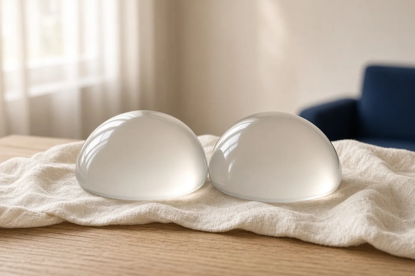 Two identical breast implants side by side on a light cloth.