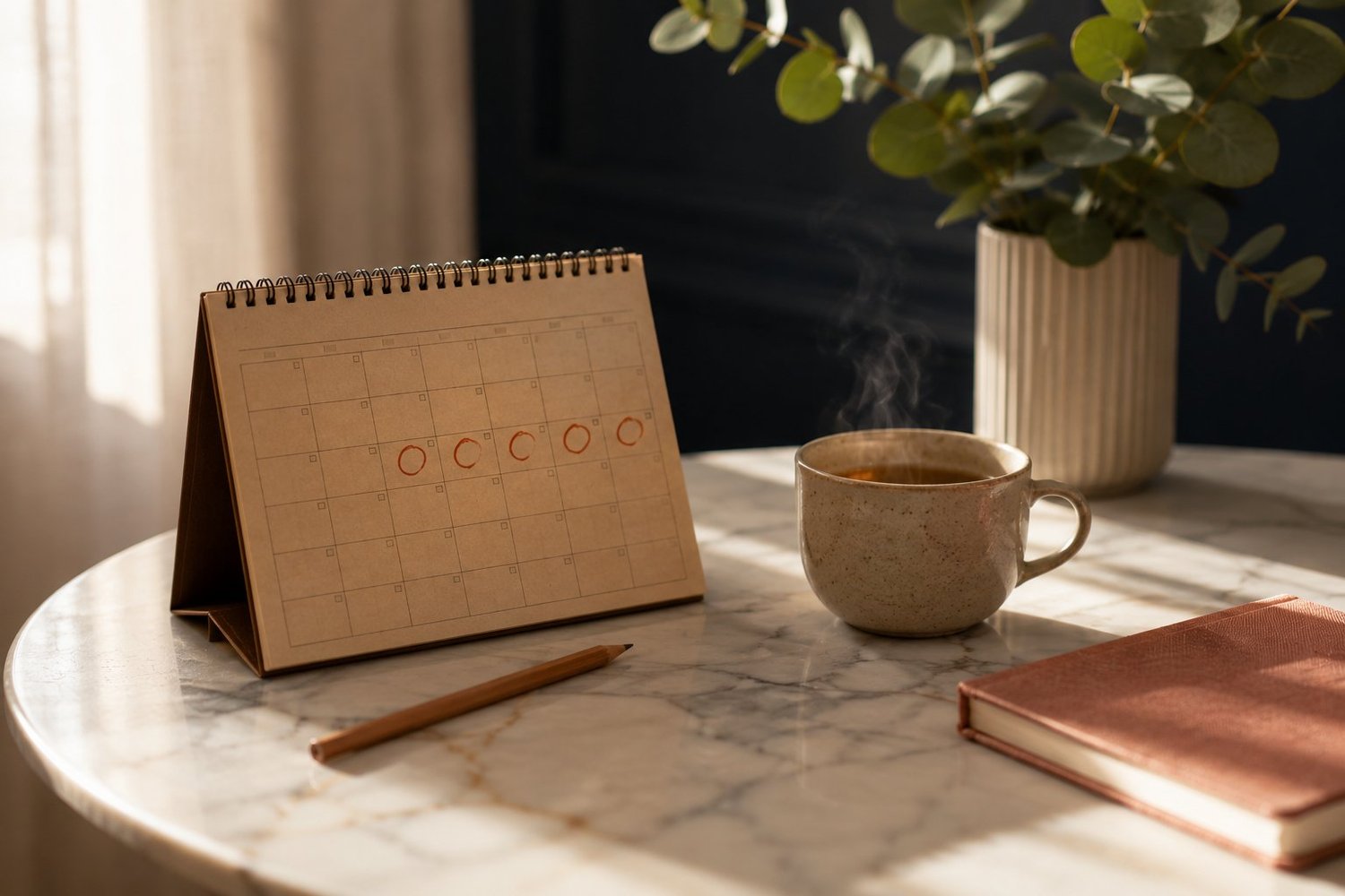 Calendrier menstruel et tasse de tisane — suivre son cycle pour identifier les règles abondantes