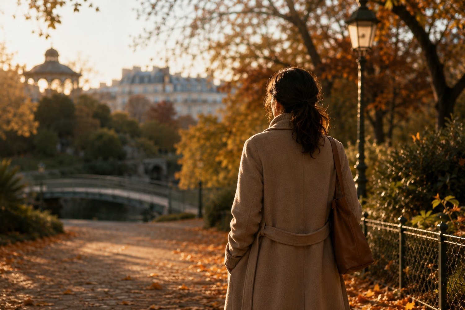 Femme marchant dans un parc parisien en automne — retrouver son énergie après traitement des règles abondantes