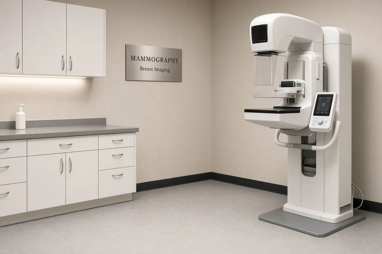 Cabinet médical de mammographie : appareil d'imagerie mammaire dans une salle d'examen, dossier d'imagerie pour un second avis — illustration