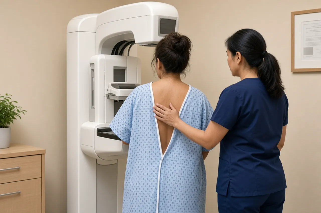Examen de mammographie en cabinet médical : manipulateur positionne une patiente devant l'appareil, dans le cadre d'un bilan pour second avis — illustration