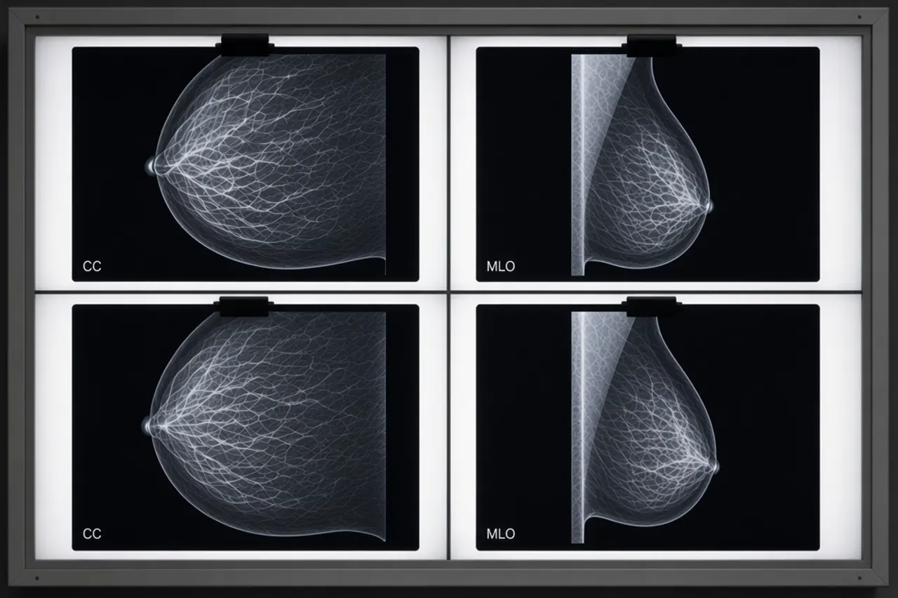 Chirurgien examinant une mammographie et une IRM mammaire sur un négatoscope numérique, en consultation de second avis — illustration