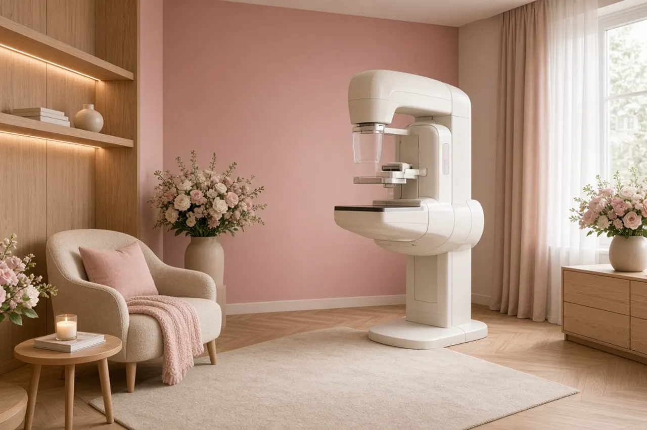 Cabinet médical de sénologie : mammographe dans une salle d'examen, cadre d'un second avis en cancérologie mammaire — illustration