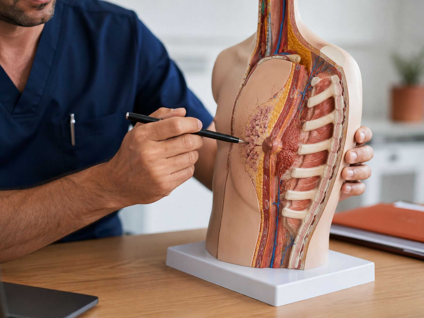 Anatomie du sein masculin : tissu mammaire réduit et canaux galactophores situés derrière le mamelon, siège du cancer du sein chez l'homme — Dr Jérémie Zeitoun Paris