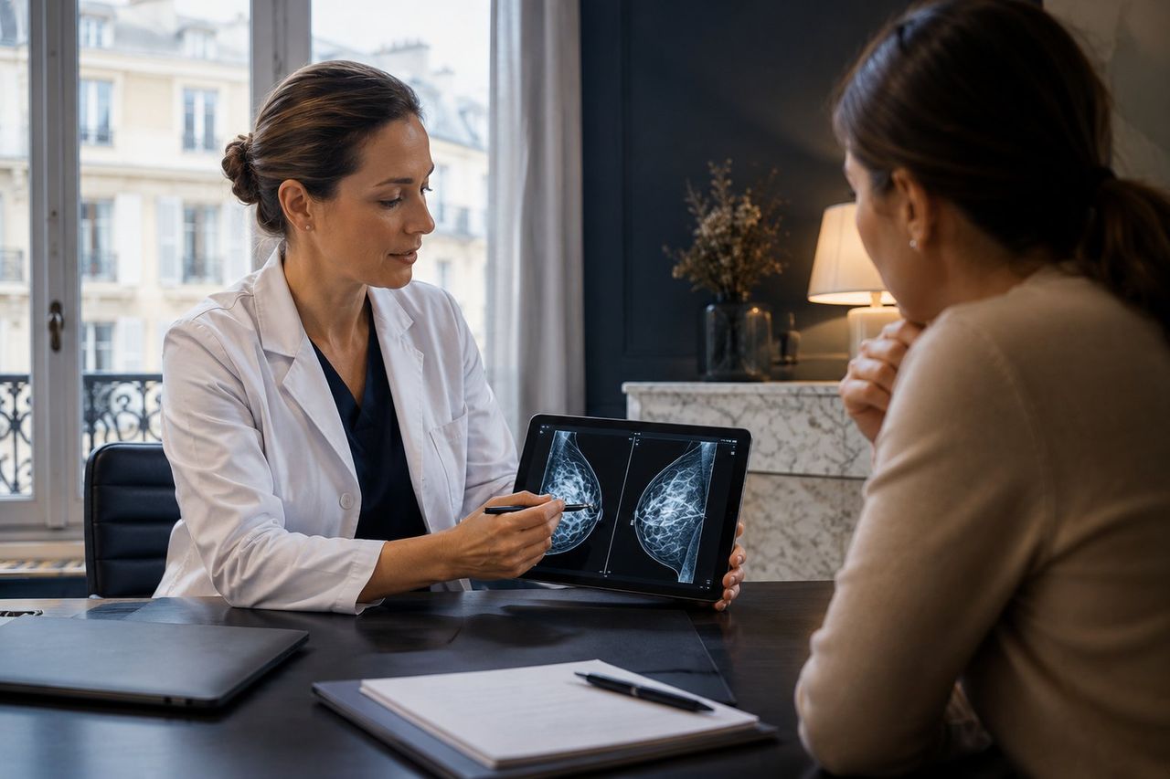 Consultation : le chirurgien sénologue explique à la patiente la lecture de sa mammographie et sa densité