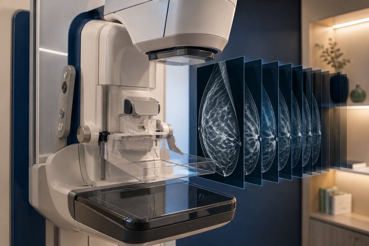 Tomosynthèse (mammographie 3D) — acquisition du sein en fines coupes, utile chez les seins denses