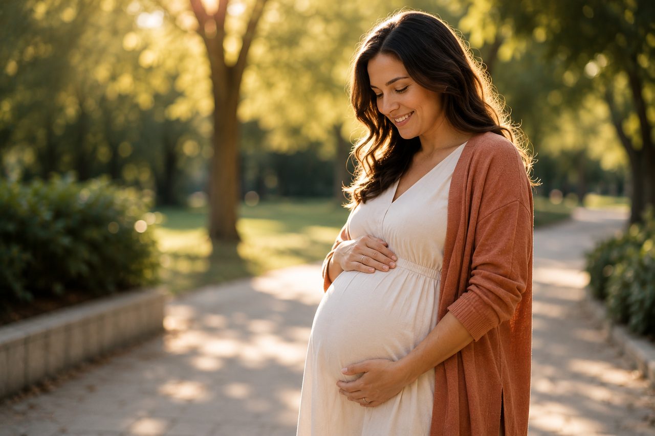 Serene pregnant woman after a borderline ovarian tumor found during pregnancy — multidisciplinary care — Dr Jeremie Zeitoun Paris